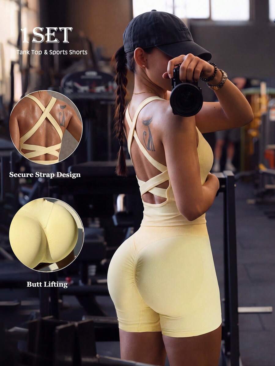 1 Set Sports Shorts, Fitness/Yoga/Pilates/Coffee Shop/Street Style Multi-Scenario Wear Summer - Yellow - View 1