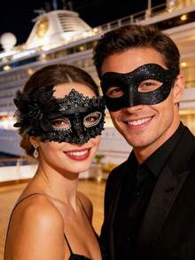 2pcs/Set Couple Masquerade Ball Mask Set, Mysterious Dance Venetian Halloween Decorative Mask With Glitter Side Flower Ball Party Halloween Props - Multicolor - View 6