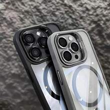 Simplified Magnetic Metal Frame Lens Protective Film/Bracket Three In One Phone Case Suitable For 16 16pro 16proMax 15 15Pro 15ProMax 14 14Pro 14ProMax 13 13Pro 13ProMax 17 17Pro 17ProMax 11 Acrylic Anti Drop Hard Shell Protective Case For The Back Cover - Grey - View 6