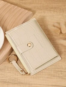 Beige Crocodile Pattern Metal Buckle Mini Wallet, Zipper Flap Multi-Card Slot Design, PU Leather Coin Purse, Unisex Daily Travel, Compact Minimalist Style Birthday Christmas Gift - Beige - View 4