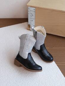 1雙女童刺繡中筒靴，兒童亮片中筒靴附側拉鍊，防滑復古時尚靴 - 銀色 - 查看 6