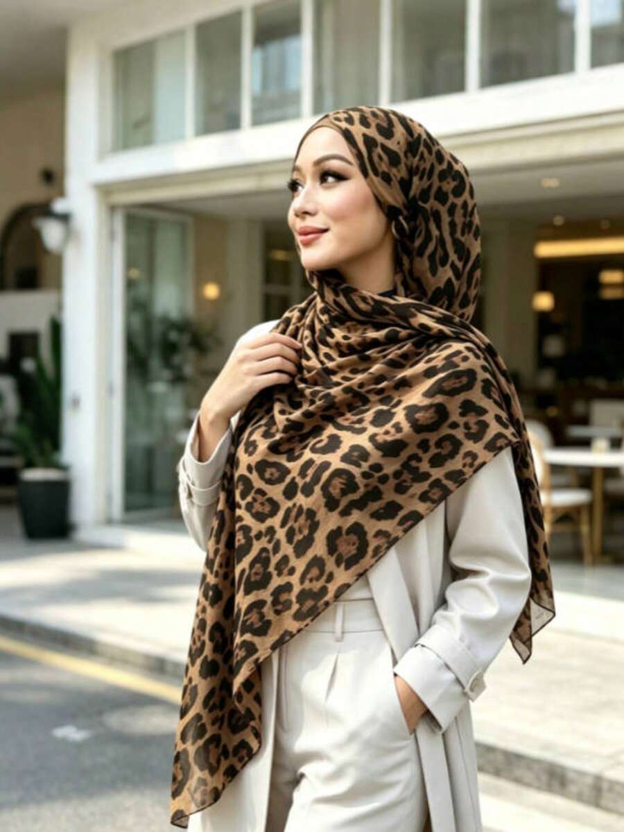 1pc Women's Bohemian Style Leopard Print Headscarf, Soft & Breathable Street-Style Scarf, Versatile Daily Wear - Brown - View 1