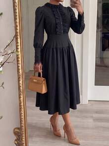 Solid Color Elegant Conservative Lace Patchwork Wedding Formal Evening Party Daily Commute Dress - Black - View 4