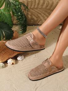 HGUIGJ Women's Summer New Mule Shoes, Closed Toe Rhinestone Thick Sole Sandals, Retro Bohemian Style Slip-On Sandals, Suitable For Beach Vacation, Outdoor Travel, Casual Wear - Khaki - View 3
