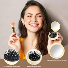 3pcs Foldable Travel Combs With Pocket Mirror, Multi-Color Round Design, Unisex, Portable Ball-Shaped Massage Brush Head, Foldable For Bag Storage, Suitable For Gym And Daily Styling, Exquisite Gift - Cushion Brush (Black Air Cushion) - View 6