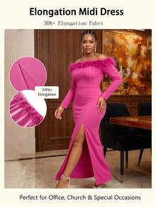 NOU Women's Long Fashionable Elegant Comfortable Workplace Outfit Square Neckline Striped Trim Hem High Slit Dress Party Date Comfortable Convenient - Hot Pink - View 8