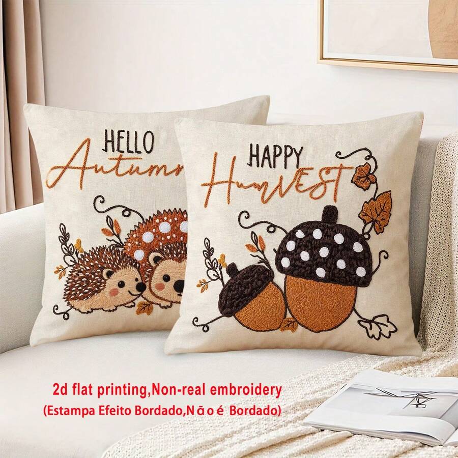 1pc/2pcs Autumn Cartoon Hedgehog & Acorn Faux Embroidery Pillow Case, 2D Printed Non-Embroidered, Cute Cartoon Style Polyester Square Single-Sided Zipper Closure Cushion Cover Without Pillow Insert, Suitable For Daily Home, Sofa, Bed, Bedroom, Living Room, Cafe, Exhibition Hall, Decorative Pillowcase, Daily Holiday Party Decoration - Brown - View 1