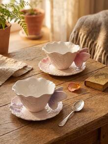 DearDali 1 Set 230ml 3D Butterfly Handle Ceramic Cup And Saucer Set, Pink Purple Embossed Texture Wavy Edge Coffee Cup, Dreamy Girl Style Tea Cup, Home Afternoon Tea, Birthday Gift, Holiday Gift, Best Choice For Friends Gift - Multicolor - View 8