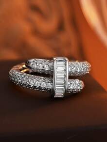 1pc Fashion Full Rhinestone Wrapped Ladder Square Geometric Couple Ring, Suitable For Men And Women, Valentine's Day Gift, Party Gift, Jewelry - White - View 1