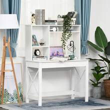 Modern houten bureau met opbergruimte, boekenkast, planken en een groot blad, ideaal voor kleine ruimtes, thuis of in de slaapkamer, 105 x 50 x 137,5 cm, wit. - A - Bekijken 3