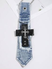 1pc Y2K Hot Girl Snowflake Wash Denim Tie With Rhinestone Cross, Frayed Edge Chain Halter Neck Personalized Shirt Accessory - Multicolor - View 7