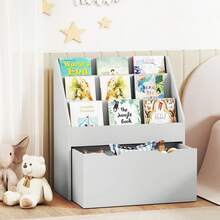 Kinderboekenkast met meerdere opbergvakken, 3 planken en een lade, 62,5L x 30B x 70H cm, grijs - A - Bekijken 11