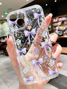 1pc French Girl Style Bowknot Floral Diamond Grid Pattern Transparent Full Coverage Anti-Slip Soft Phone Case Compatible With IPhone 11/12/13/14/15/16/17 Pro Max - Multicolor - View 2