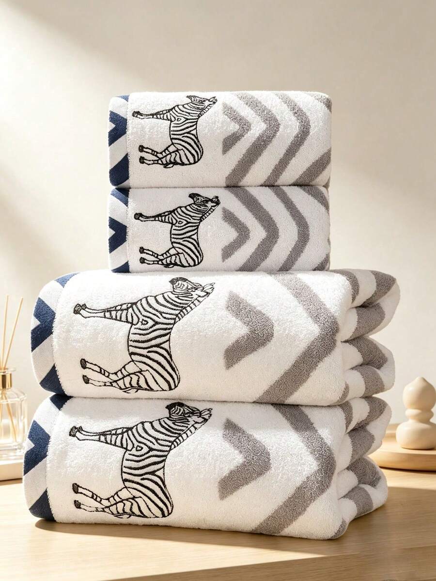 QIBHI Set Handuk Katun Lembut 4 Buah, Handuk Zebra Bergaris Premium untuk Kamar Mandi, Sangat Menyerap, Cepat Kering, Set Handuk Mandi Ringan 2 Handuk Mandi Besar, 2 Handuk Tangan, - Hitam dan Putih - View 1