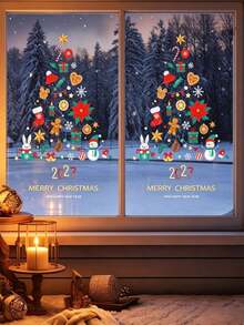 1pc Christmas Static Window Sticker, Creative Tree-Shaped Mixed Christmas Element Print, Includes 2027, Rabbit, Snowman, Gingerbread Man, Gift, Decorative Patterns, Reusable PVC Glass Door Wall Sticker, Indoor Home Christmas New Year Party Decoration - Style a - View 3