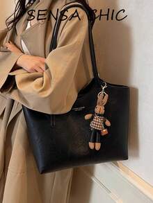 Textured Distressed Crinkled Tote Bag With U-Shaped Opening, Minimalist Letter Print Design, Adjustable Shoulder Strap, Large Casual Underarm Shoulder Bag For Daily Commute And Books, Paired With Cute Rabbit Plush Doll Charm - Black - View 6