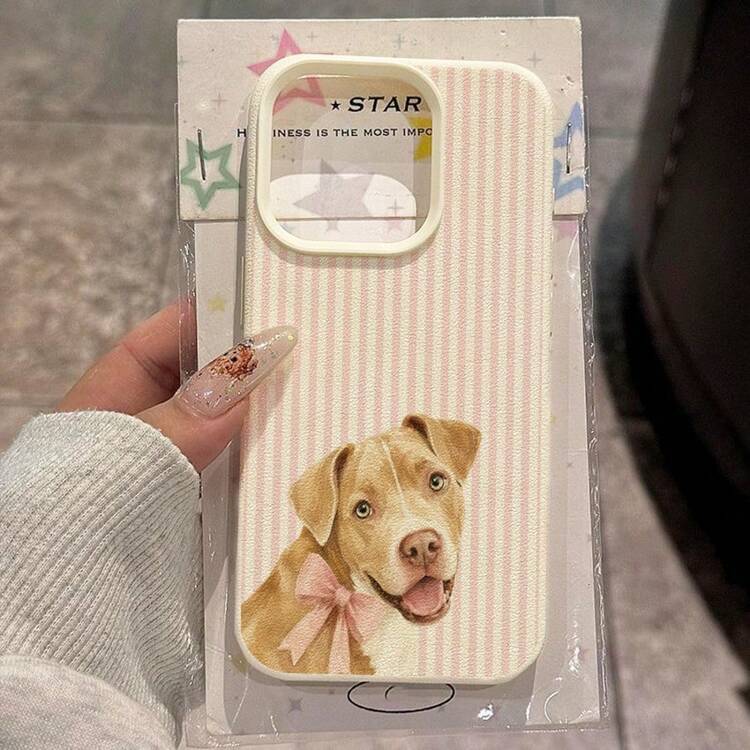 1pc TPU Material Soft Healing Pink & White Striped Puppy Bow Pattern Phone Case Compatible With IPhone 17 Pro Max/17/16 Pro Max/15/13/12/11/ S20 FE/A15/S24/A55/ Note 11/Note 12/Note 13 Pro Full Coverage Anti-Drop Soft Shell Phone Protective Cover - White - View 1