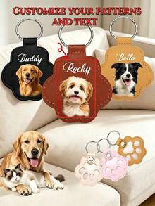 1pc Customized Pet Photo Name Leather Keychain Personalized Paw Print Pet Hair Memorial Keepsake Storage Ring Dog Cat Lover Gift Pendant - Multicolor - View 2