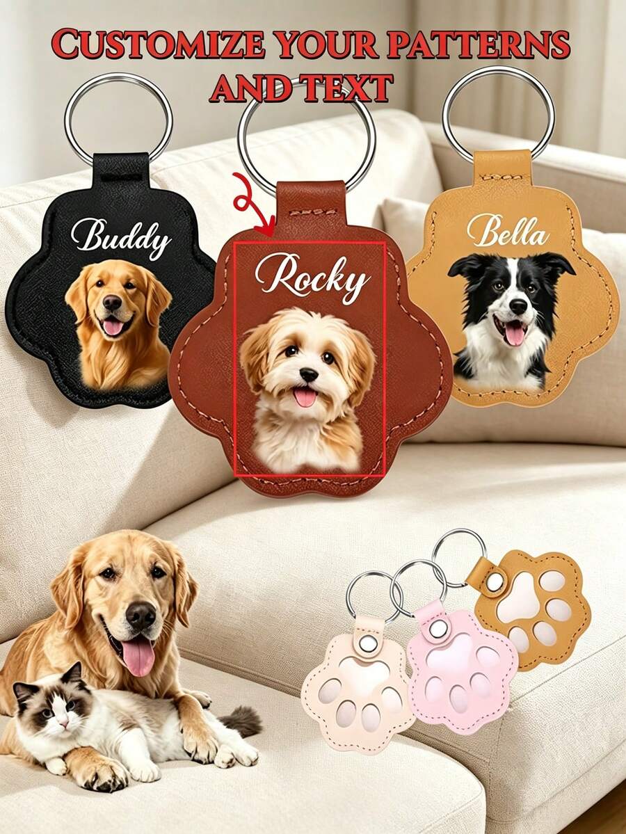 1pc Customized Pet Photo Name Leather Keychain Personalized Paw Print Pet Hair Memorial Keepsake Storage Ring Dog Cat Lover Gift Pendant