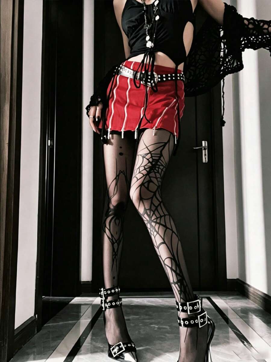 1/2雙女款暗黑風蜘蛛網印花褲襪/緊身褲,適合萬聖節Cosplay - 彩色 - 查看 1