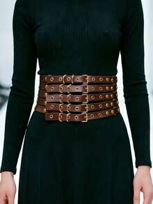 1pc Women's Coffee Color Punk Fashion Multi-Hole Metal Belt, Versatile Hollow Decorative Accessory - Brown - View 1