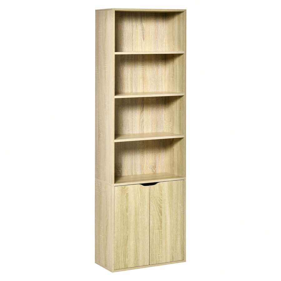 Estante com 4 nichos abertos e 2 portas, ideal para sala de estar e escritório, 59x29x180 cm, madeira natural. - A - Ver 1