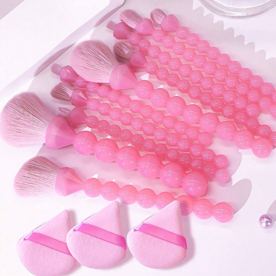 10pcs Pink Round Makeup Brushes + 3 Powder Puffs Full Set - Perfect For Blending Foundation, Blush, Contour And Kabuki Brush - Fresh And Flawless Basic Beauty Tools For Applying Liquid Foundation, Face Mask, Cream And Other High-End Makeup, Suitable For All Skin Types, Fragrance-Free - Multicolor - View 1