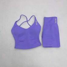 Conjunto de Yoga Sin Costuras Dfyne - Shorts deportivos y sujetador deportivo sin espalda, ropa deportiva de fitness para mujeres, ropa deportiva  para ejercicios - traje verde claro - Ver 3