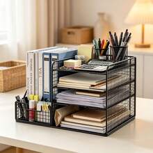 1pc Multi-Layer Metal Mesh Desktop File Organizer With Pen Holder, Large Capacity Office Document Storage Rack, Home Student Desk Organizer, Creative Metal Pen Holder, Multi-Function Office Student Desktop Combination Storage Box - A - View 4