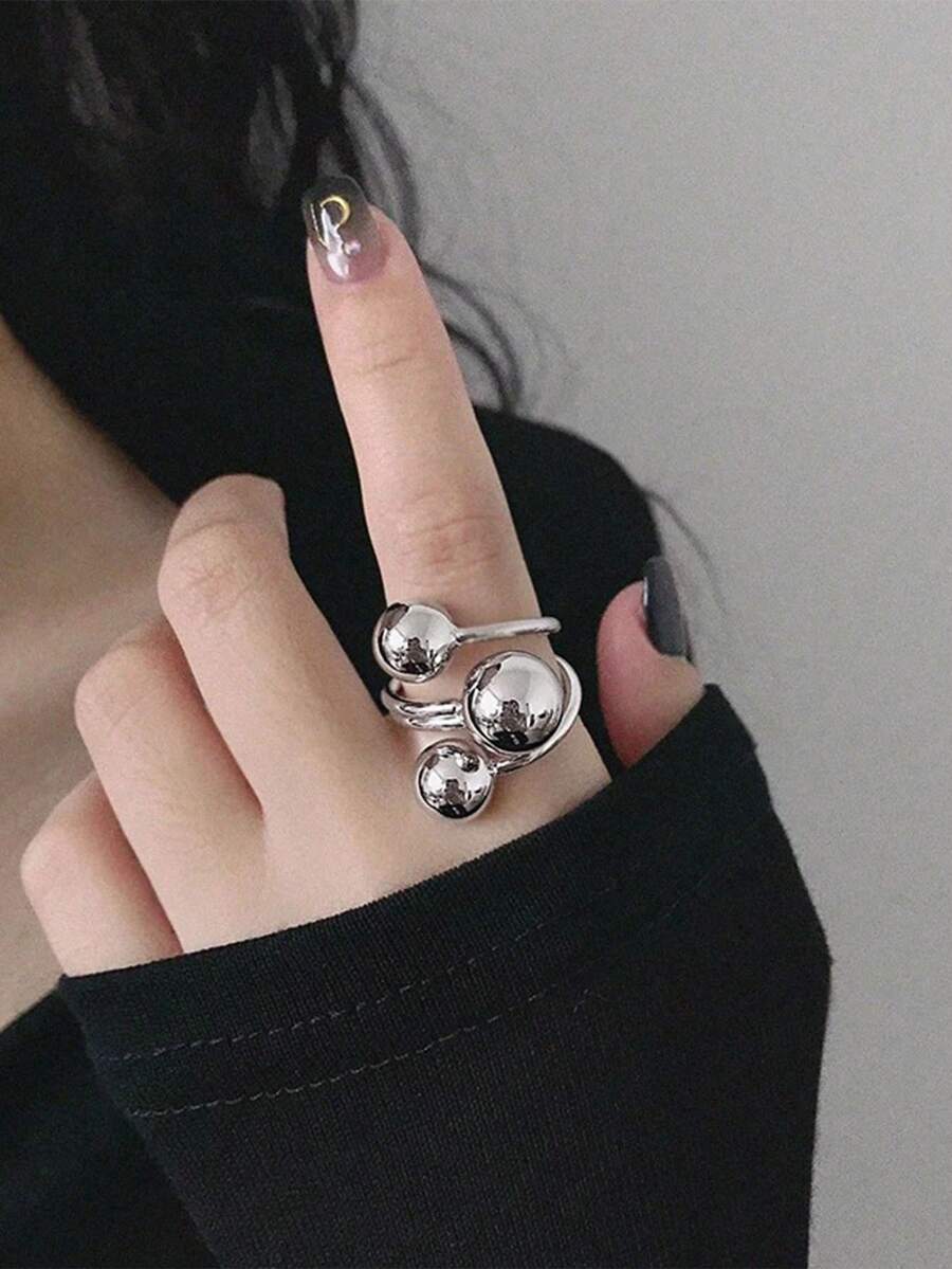 1pc Fashion Asymmetrical Adjustable Exaggerated Three-Ball Open Ring, Luxury High-End Finger Ring - Three-ball Open Ring - View 1