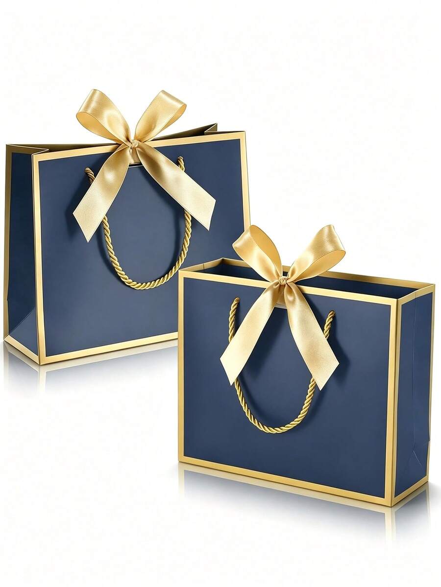 1/3/6/12pcs Set (Gold Ribbon + Blue Gift Bag + Paper Bag) Blue Gift Bag With Gold Trim And Handle, Paper Gift Bag, Shopping Bag, Gift Bag With Bow Ribbon, Suitable For Wedding, Birthday, Valentine's Day, Christmas