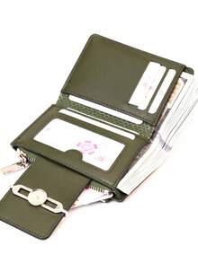 Women's Short Colorblock Patchwork Wallet, Fashionable Fabric Texture Straw Woven Bag Multifunctional Document Organizer, Exquisite Fashion Clasp Large Capacity Zipper Card Holder Coin Purse For Young Students, Lightweight And Convenient To Carry, Suitable As Holiday Gift - Olive Green - View 4