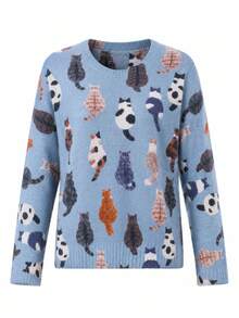 Women's Soft Long Sleeve Regular Cat Print Sweater, Medium Elasticity, Suitable For Autumn Outdoor Wear And Daily Styling Fall - Light Blue - View 7