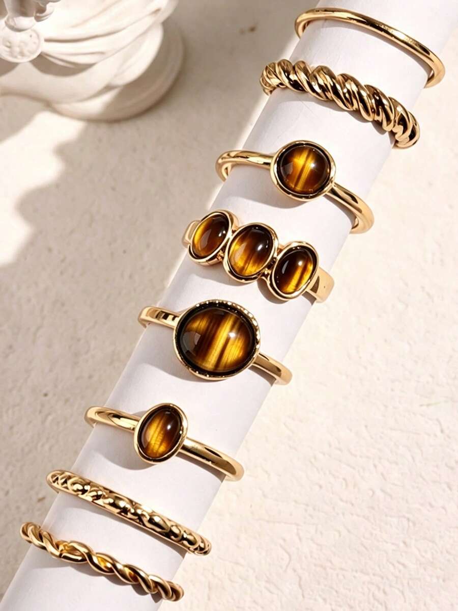 8pcs Fashion Casual Minimalist Geometric Women's Rings Set, Holiday Vacation Party Date Gift, Daily Commute Wear - Yellow Gold - View 1