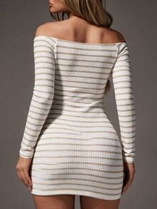 Women's Off-Shoulder Horizontal Striped Knit Bodycon Mini Dress, Minimalist Sexy Style Sexy Shoulder-Baring Dress - Apricot - View 2