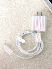 Colorful Vertical Stripes Pattern Design Data Cable Storage Protection Set, Suitable Compatible With Apple/18W20W Mobile Charging Cable Fixed Clip Protection Set, Data Cable Anti Break, Cable Protection Set - Multicolor - View 3