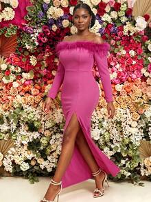 NOU Women's Long Fashionable Elegant Comfortable Workplace Outfit Square Neckline Striped Trim Hem High Slit Dress Party Date Comfortable Convenient - Hot Pink - View 3