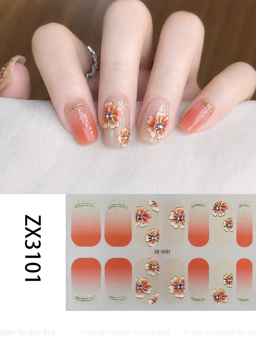 1 Sheet Personalized Full-Coverage Nail Stickers With A Summer Theme. The Design Features Delicate Floral Elements Accented With Various Rhinestone Patterns And Paired With A Vibrant Orange Gradient. They Are Easy To Apply And Remove.