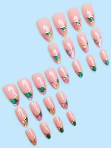 24 Peças Unhas Postiças Vintage Street Românticas Minimalistas Casuais Moda Moderna Brilhantes Verde & Dourado Geométricas Color Block Francês, Adesivos de Unhas Formato Amêndoa Médio, Adicionando um Toque de Charme Romântico à sua Manicure. Estes Adesivos de Unhas são Adequados para Compras de Inverno e Vida Diária para Meninas e Mulheres Elegantes e Delicadas. - Multicolorido - Visão 2