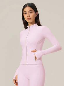 TimeOff Women's 1pc Solid Color Stand Collar Zipper Jacket With Side Pockets And Thumb Holes, Autumn/Winter - Pink - View 9
