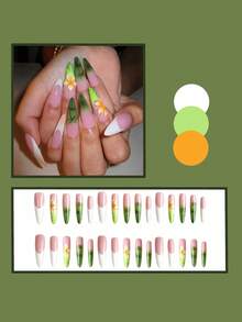 白色椰子花法式尖頭穿戴甲片，歐美夏威夷辣妹風美甲貼片 - 彩色 - 查看 3