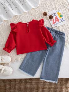 Autumn/Winter Baby Girl Cute Bright Red Flutter Sleeve Big Bow Top With T-Print Small Red Bow Frayed Hem Denim Jeans, Stylish Versatile Outfit Set - Red - View 2