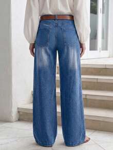 New Women's Multi-Button Wide Leg Casual Jeans - High Quality Denim, Fashionable And Comfortable Spring Fall - Medium Blue - View 3