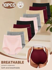 MEIYATING 10pcs Plus Size Women's High Waist Tummy Control Cotton Comfortable Daily Triangle Panties With English Print - Multicolor - View 2