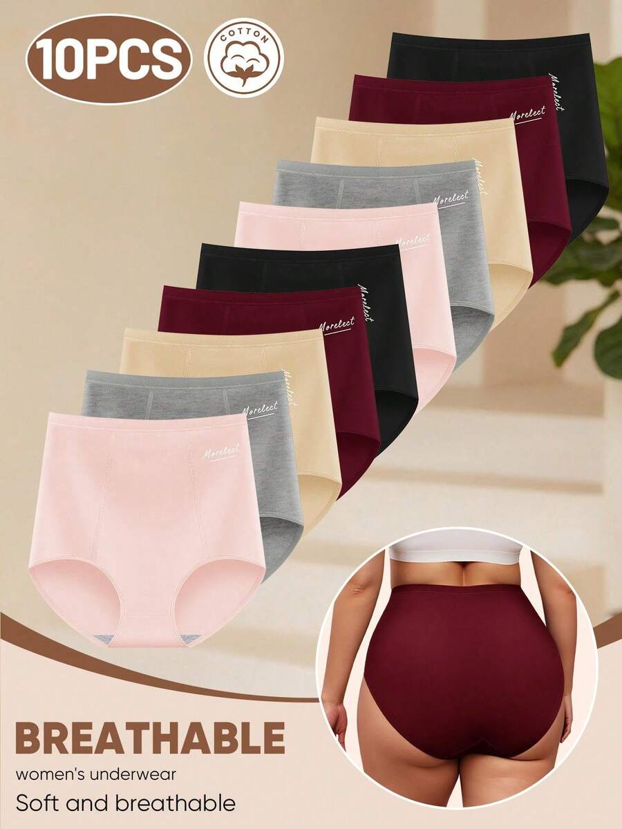 MEIYATING 10pcs Plus Size Women's High Waist Tummy Control Cotton Comfortable Daily Triangle Panties With English Print