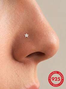 1pc 925 Sterling Silver Classic Flower CZ Zirconia Nose Stud, Hypoallergenic Nose Piercing Jewelry, Nose Ring, Unisex, Suitable For Daily Wear And Gift - Gold - View 1