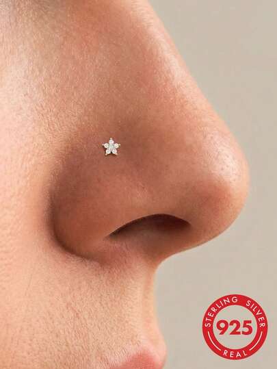 1Pc 925 Sterling Silver Classic Flower CZ Nose Stud Hypoallergenic Nostril Body Piercing Jewelry Nose Rings For Women Men Daily Wear & Gifts