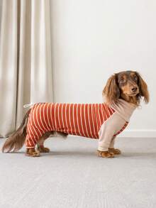 1PC Classic Striped Dachshund Dog Pajamas With Adjustable Neck And Back Drawstring, Soft High Stretch Warm Pet Jumpsuit - Red - View 6