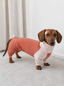 1PC Classic Striped Dachshund Dog Pajamas With Adjustable Neck And Back Drawstring, Soft High Stretch Warm Pet Jumpsuit - Red - View 5