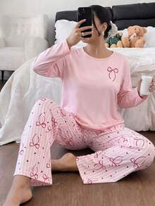 Women's Plus Size Pajama Set, Striped Bow Print, Long Sleeve Long Pants Loungewear Set, Autumn/Winter Clothing - Pink - View 1